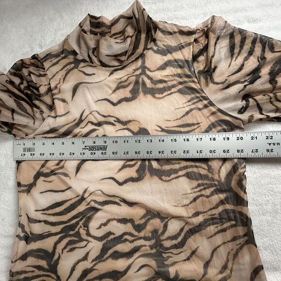 Chico's Womens Sheer Long Sleeve Tiger Print Mock Neck Blouse Top Large Brown - Picture 7 of 8